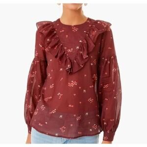 WARM Floral Francie Blouse Womens XS Burgundy Floral Crew Ruffle Balloon Sleeve
